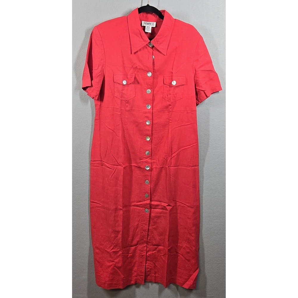 Gemini II Shirt Dress Womens 16 Linen Blend Button Front Short Sleeve Pocket